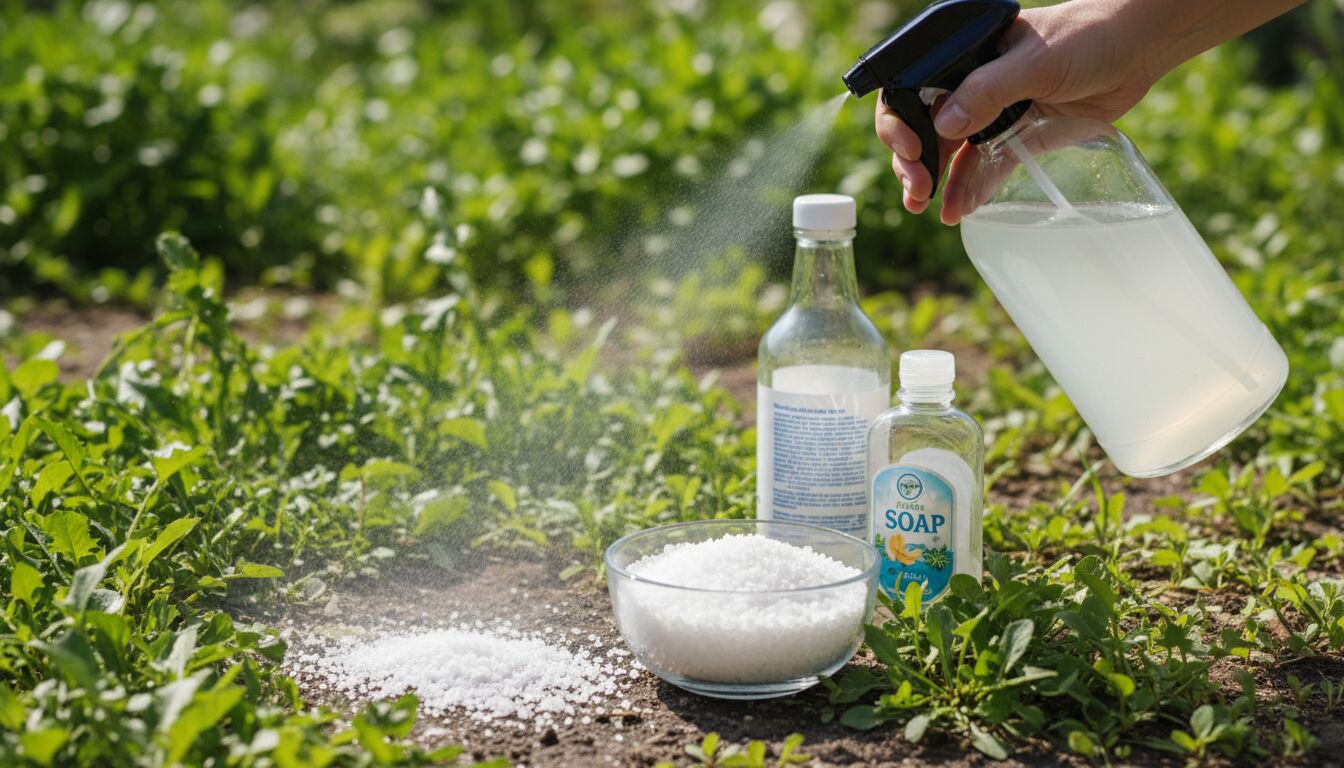 Découvrez une recette naturelle et efficace de désherbant à base de vinaigre, sel et produit vaisselle pour éliminer les mauvaises herbes facilement et sans produits chimiques.